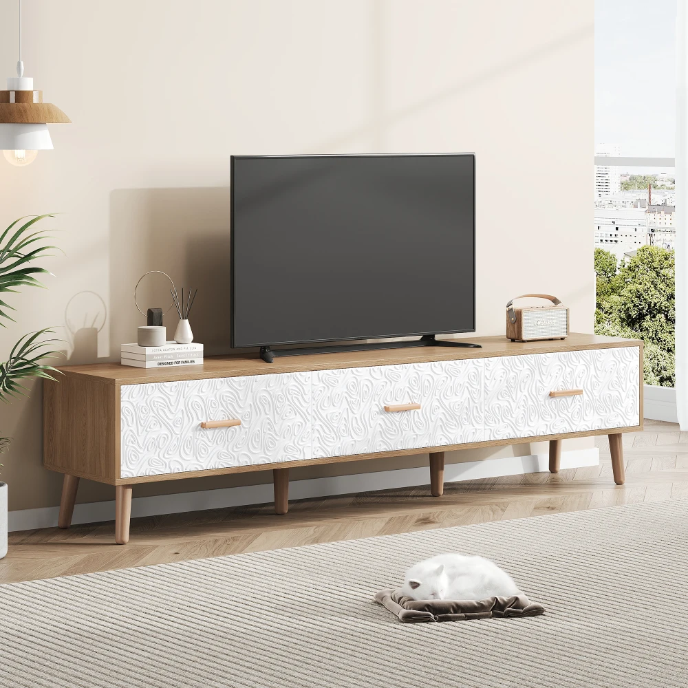 Vintage-TV-Ständer, TV-Schrank, TV-Tisch aus Holz – Wohnzimmer, Schlafzimmer, helles Holz, Vintage-Maserung, weiße Türverkleidung, 150 x 35 x 39 cm – Detail 10