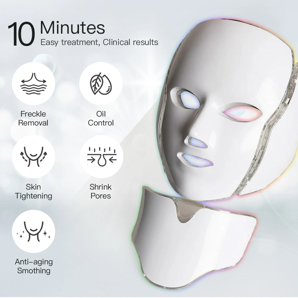 7 IN 1 LED Facial Beauty Mask with Neck 7-Color Lights Skin Rejuvenation Beauty Instrument Anti Acne Remove Wrinkles LED Mask 5