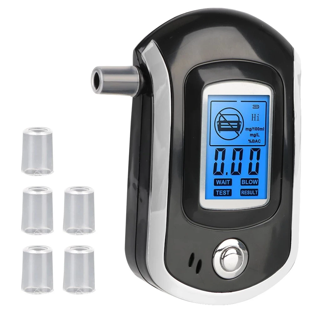 

Digital Breath Alcohol Tester Manual LCD Screen Mini Breath Drunk Driving Analyzer Professional AT6000 with 5 Mouthpieces Tester