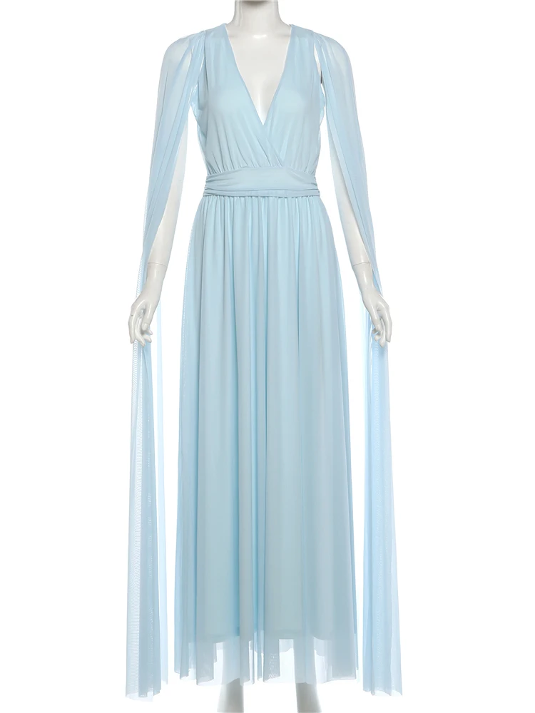 Nibber Flauschiges, elegantes Kleid für Damen, Sommer, V-Ausschnitt, gerüschtes Mesh, lange Ärmel, schmal geschnitten, Patchwork, Advanced Chic, Geburtstag, Bodycon – Detail 3