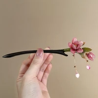Floral Hair Stick Chinese Style Hairpin, Pink Flower Tassel Retro Traditional Hanfu Elegant Hair Accessory For Women Daily Party 6