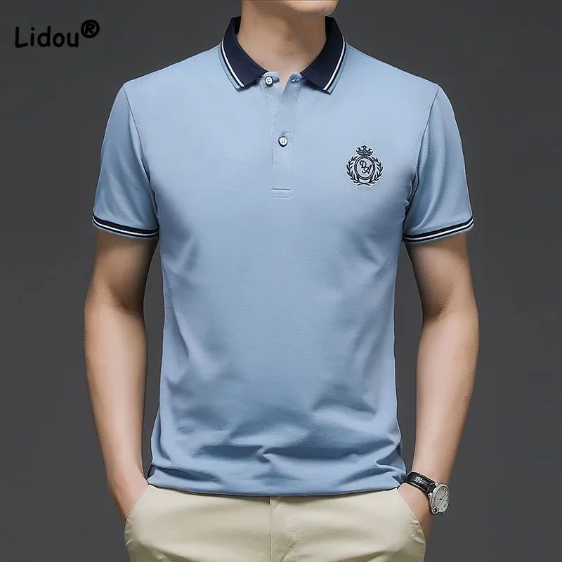 

Fashionable Casual Solid Color Spliced Polo-Neck Shirt Male Clothes Summer New Loose Simplicity Short Sleeve Embroidery Shirt