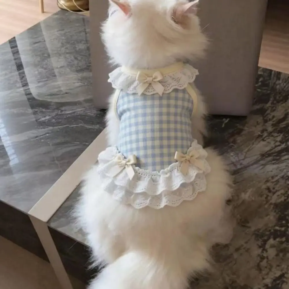 귀여운 리본 레이스 디자인 애완견 및 고양이 체크무늬 옷 편안하고 가벼운 고양이 조끼 통기성 좋은 소형견 조끼