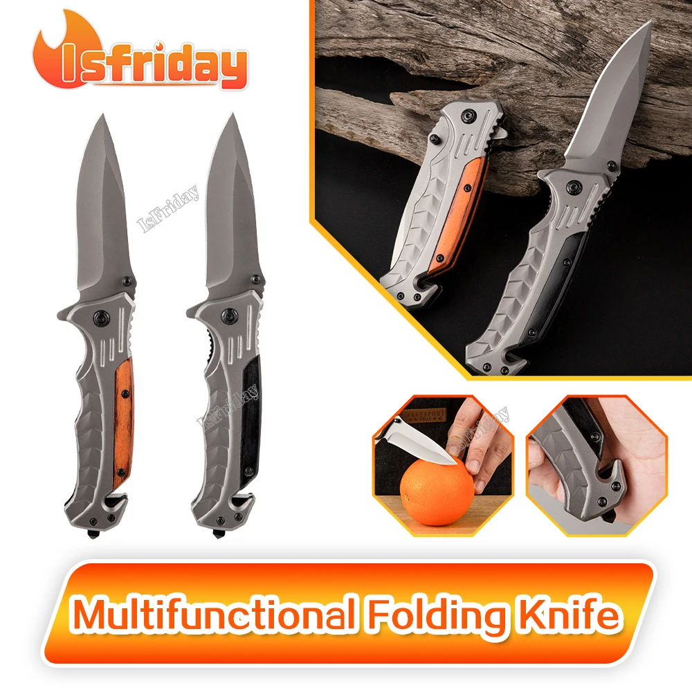 

Pocket folding Knife With Glass Breaker, Seatbelt Cutter 5Cr15MOV Titan Blade S/S+Wood Handle Emergency Rescue
