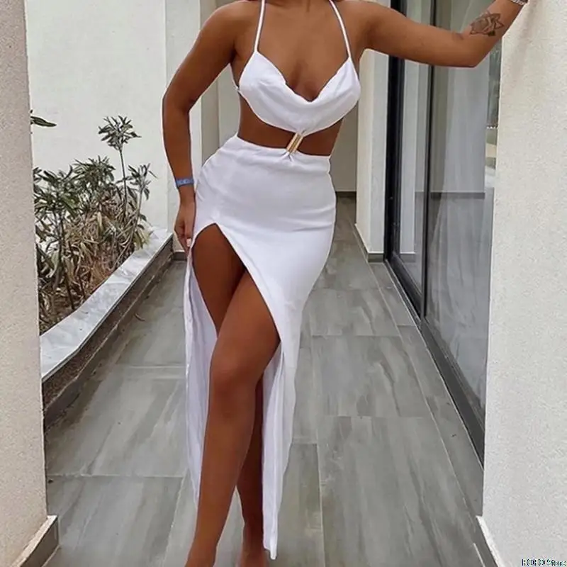 2022 Straps Sexy Backless Split Maxi Beach Dress Summer Holiday Elegant Cut Out Sleeveless Dresses Evening Club Party Solid sexy swimsuit cover ups