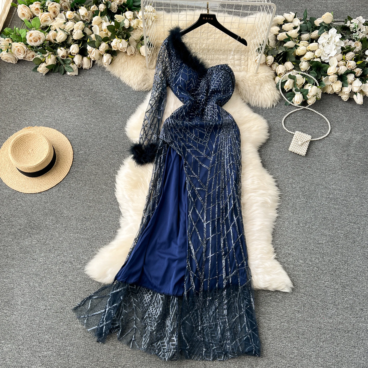 Unique Shell Conch Print Graceful Pleated Pockets Lightweight Maxi Dress
