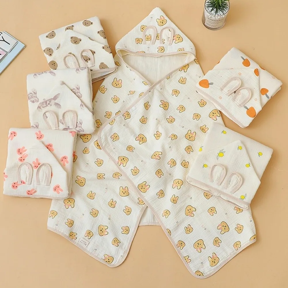 Bear Printed Infant Hooded Towel Wrap Blanket Soft Texture Cloak Baby Swaddle Cloth Single Layer Breathable Material