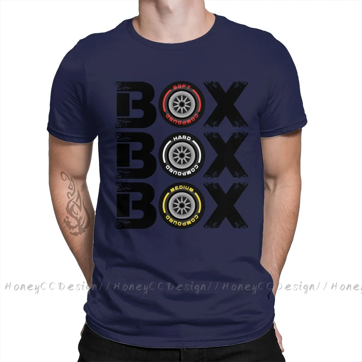 High-Quality Men's Black Formula 1 Pure Cotton T-Shirt - Box Box Box Tyre Compound Design