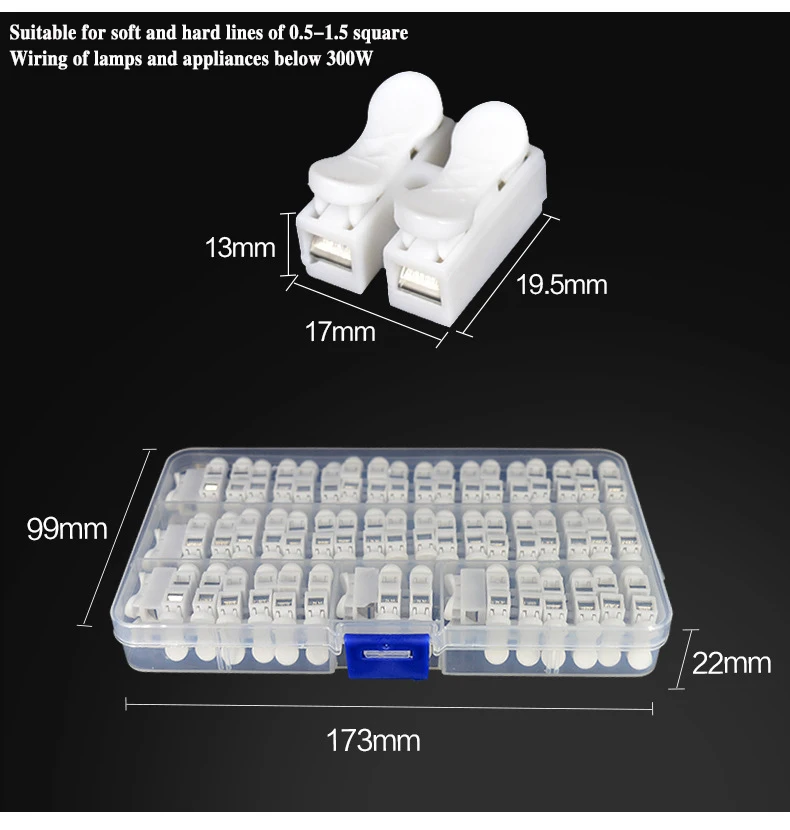 Description Picture 5 of itemBOX 55 PCS CH-2 Spring Wire Quick Connector 2p Electrical Crimp Terminals Block Splice Cable Clamp Easy Fit Led Strip