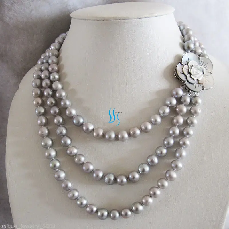 

wholesale 8-9mm Gray Freshwater Pearl Necklace Shell Clasp Jewelry