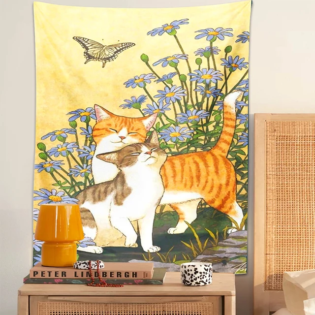 Aranyos Macska Gobelinfalfal Lógó Rajzfilm Pillangó Növény Virág Esztétikai Szoba Dekoráció Bohémia Természet Otthoni Hálószoba - Image 4