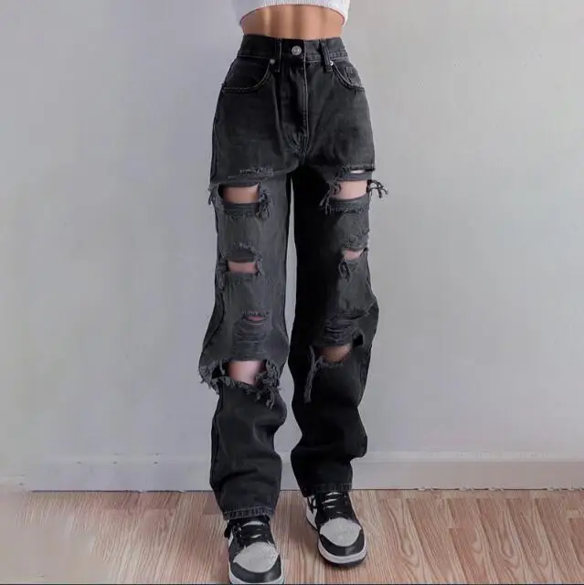 boyfriend jeans 2022 Europe-USA Style Women/Girl High Waist Broken Hole Water Washing Straight Type Jeans Harajuku Vintage Hip-Hop Cowboy Pants black jeans