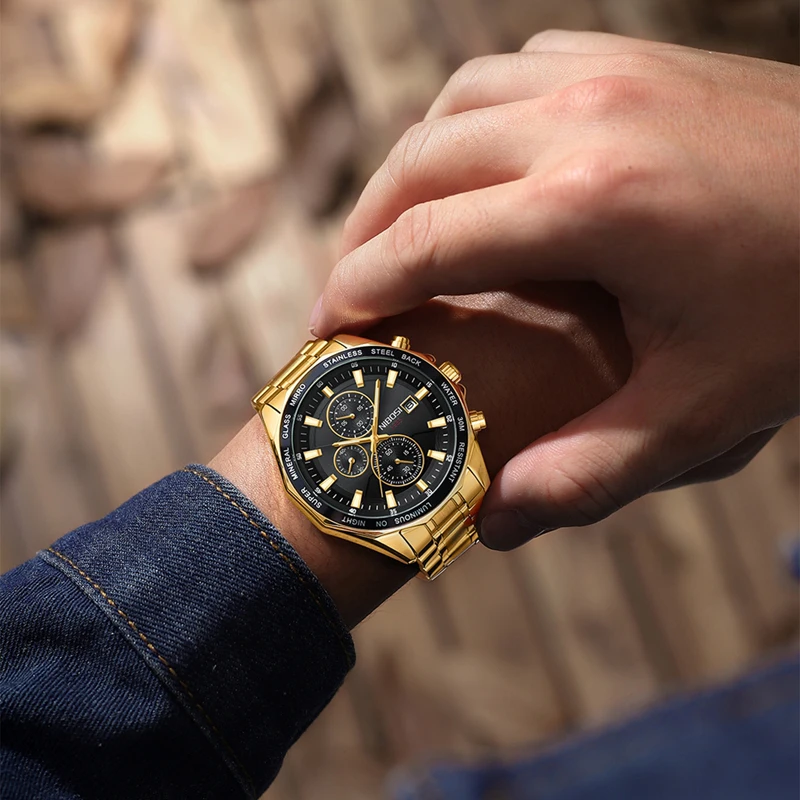 NIBOSI Luxury Rose Gold Quartz Watch for Men Stainless Steel Strap Waterproof Fashion Chronograph Watches Mens Relogio Masculino