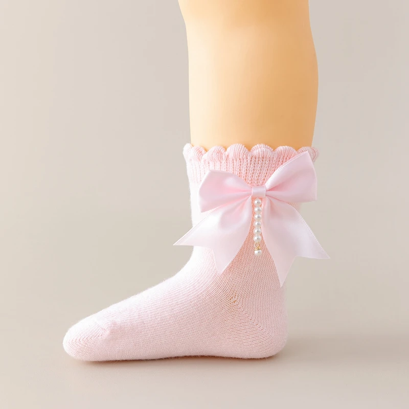 Infant Kids Baby Girls Summer Socks Ruffle Ankle Socks Breathable Toddler Dress with Pearl Tassel 0-4T