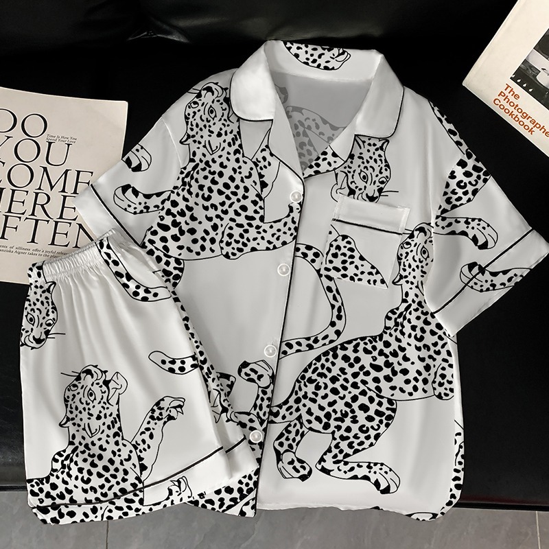 Ice silk thin section personality leopard print ladies pajamas summer new short-sleeved shorts girls homewear two-piece suit