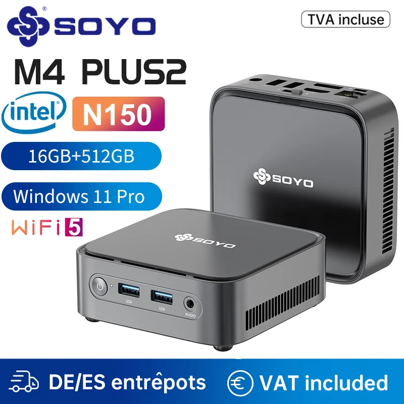 SOYO Mini PC M4 PLUS2, 16GB RAM 512GB SSD Intel Twin Lake N150 Windows 11 Pro WiFi 5 for Home Business Gaming