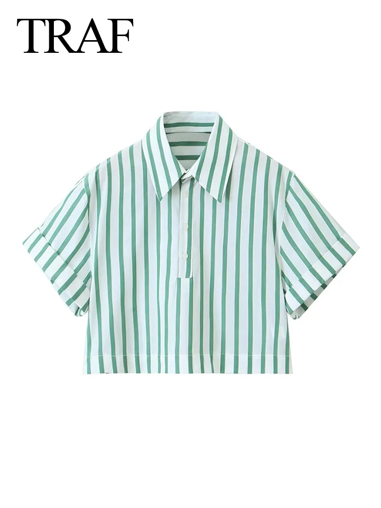 

Блузка женская однобортная в полоску, с отложным воротником и коротким рукавом