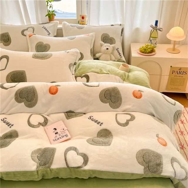 1PC White Gray Heart Orange Flannel Duvet Cover