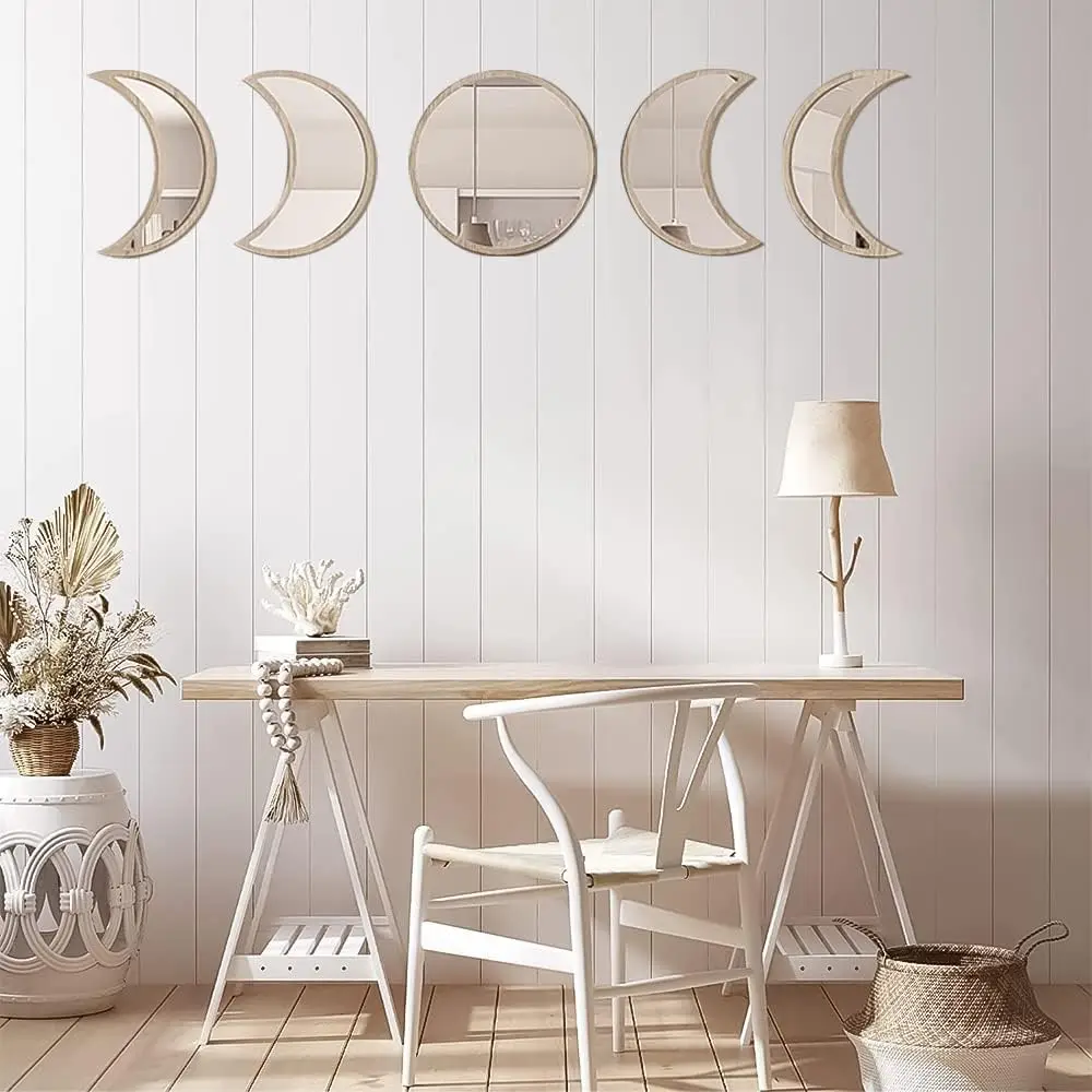 5 PCS Wooden Acrylic Moon Wall Decorative Mirror Moon Cycle Variation Decorative Wall Mirror Creative Bohemian