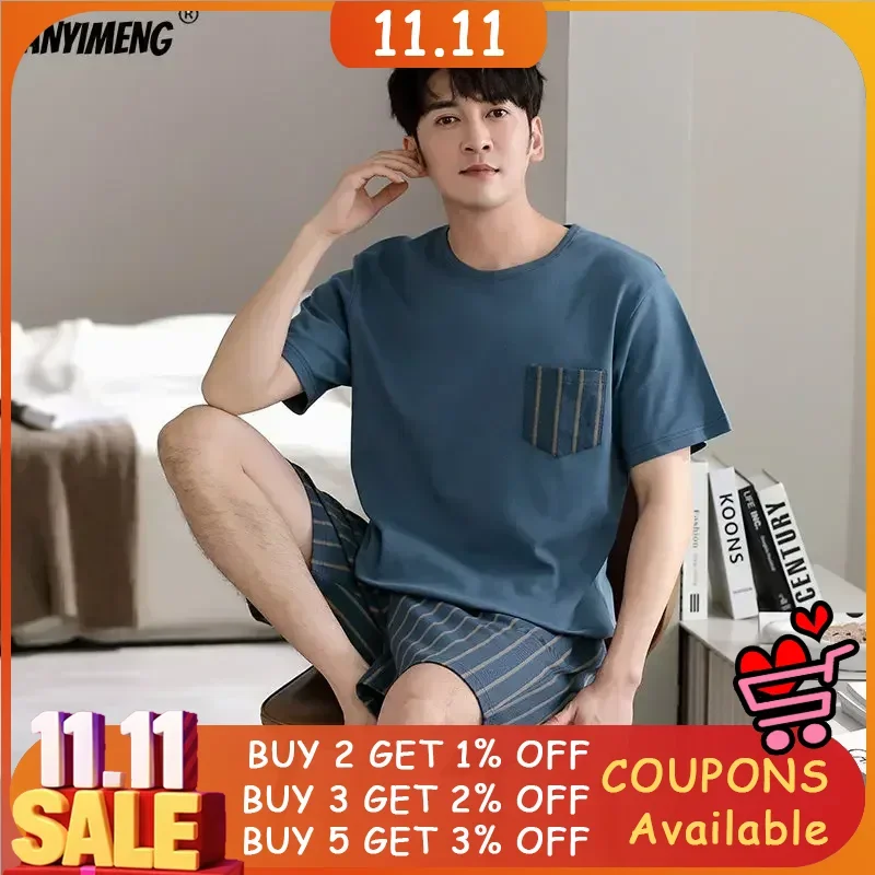 남성용 여름 코튼 반바지, 레저 잠옷, 풀오버, 캐주얼 잠옷, 남성 잠옷, 반팔 홈슈트, 레저 라운지웨어, 4XL