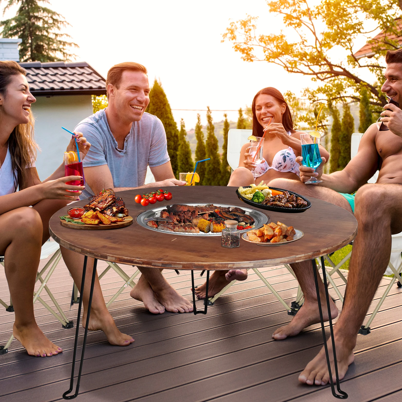 Fire Pit Table:&rdquo; Round Large Dining Table Foldable Party Table with Charcoal Grill and BBQ Picnic Tray for Outdoor Camping