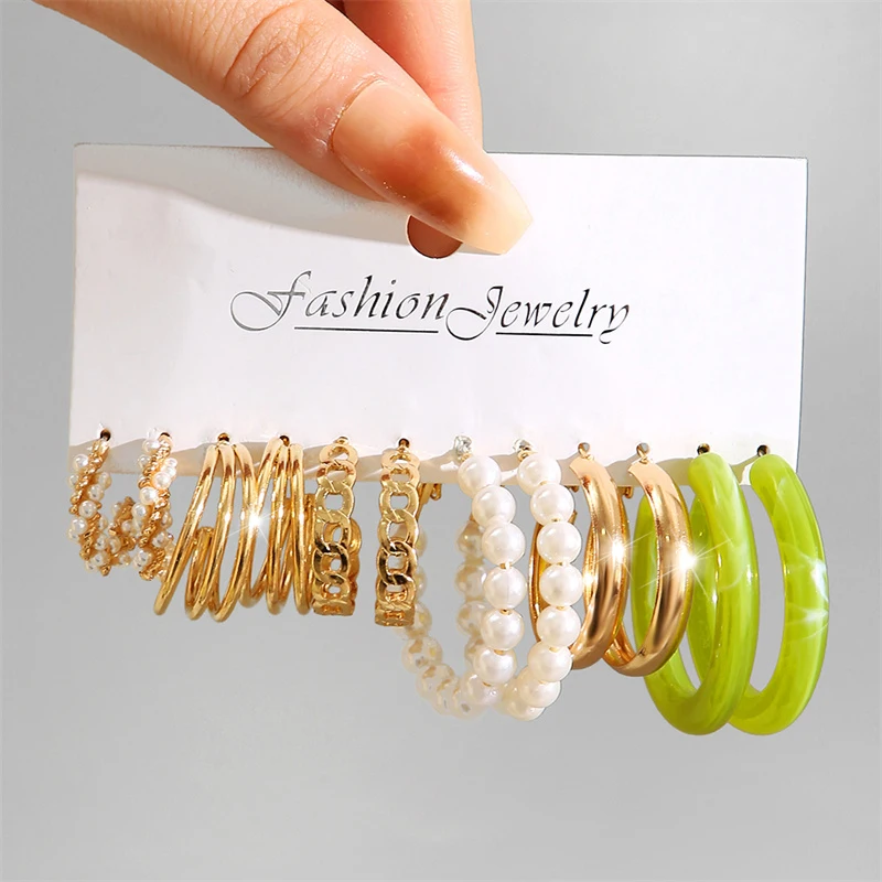 Fashion Colorful Resin Earrings Set Pearl Hoop Metal Earrings Silver Color For Women Circle Earring Set Party Jewelry