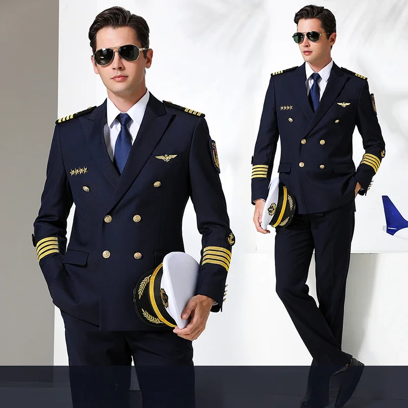 

Maritime Uniform Set Crew Seafarer Dark Blue Male Flight Attendant Pilot Captain International Aviation Overalls Pilot Costume