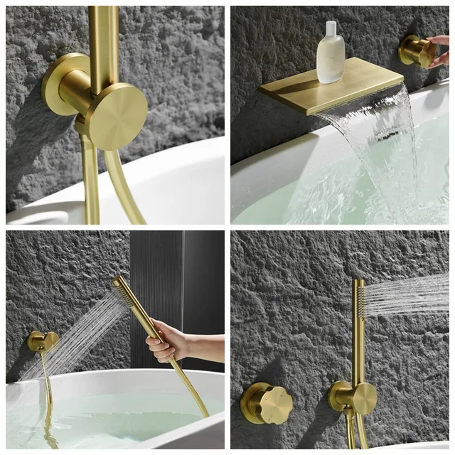 ก๊อกน้ำอ่างอาบน้ำแบบฝังผนัง FARRETE รุ่นหรูหรา ทำจากทองแดงทั้งหมด พร้อมถังเก็บน้ำร้อน-เย็น ชั้นวางของด้านข้าง ดีไซน์น้ำตก สีทองขัดเงา 2