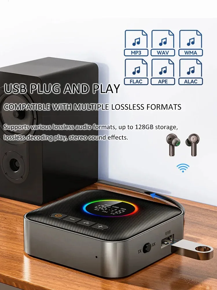 RGB Light Bluetooth 5.4 Audio Receiver Transmitter DSP Wireless Adapter FM USB 3.5MM AUX RCA Stereo HIFI Music Adapter With Mic