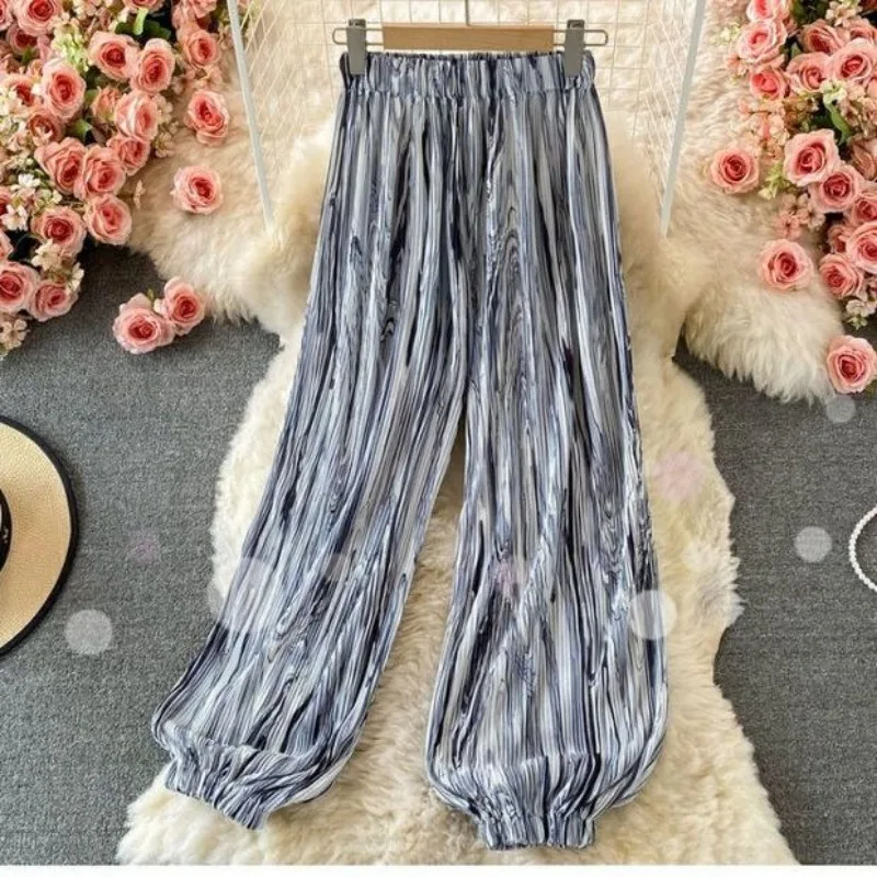 Sweatpants Women Trousers Lantern Pants  Y2k Pants Bound Feet Tie Dyeing Thin Pendant Pleated Loose High Waisted Motion Leisure