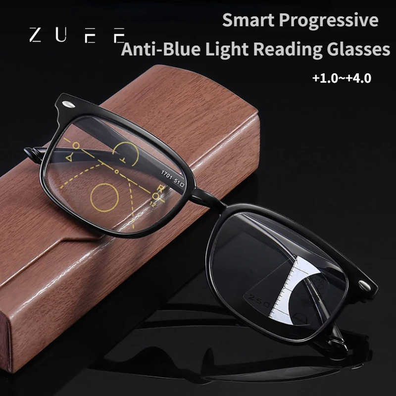 

ZUEE Square Multifocal Progressive Reading Glasses Men Fashion With Diopter Anti-Glare Computer Eyeglasses Women UV400 +1.0~+4.0