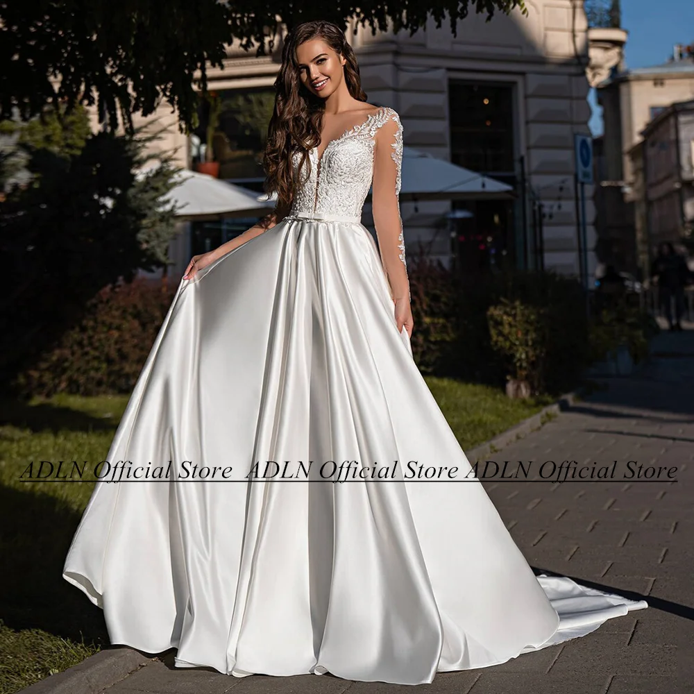 

Charming Satin Wedding Dress Illusion Long Sleeves Scoop Neck Exquisite Applique A Line Sweep Train Robe De Mariage Bride Gown