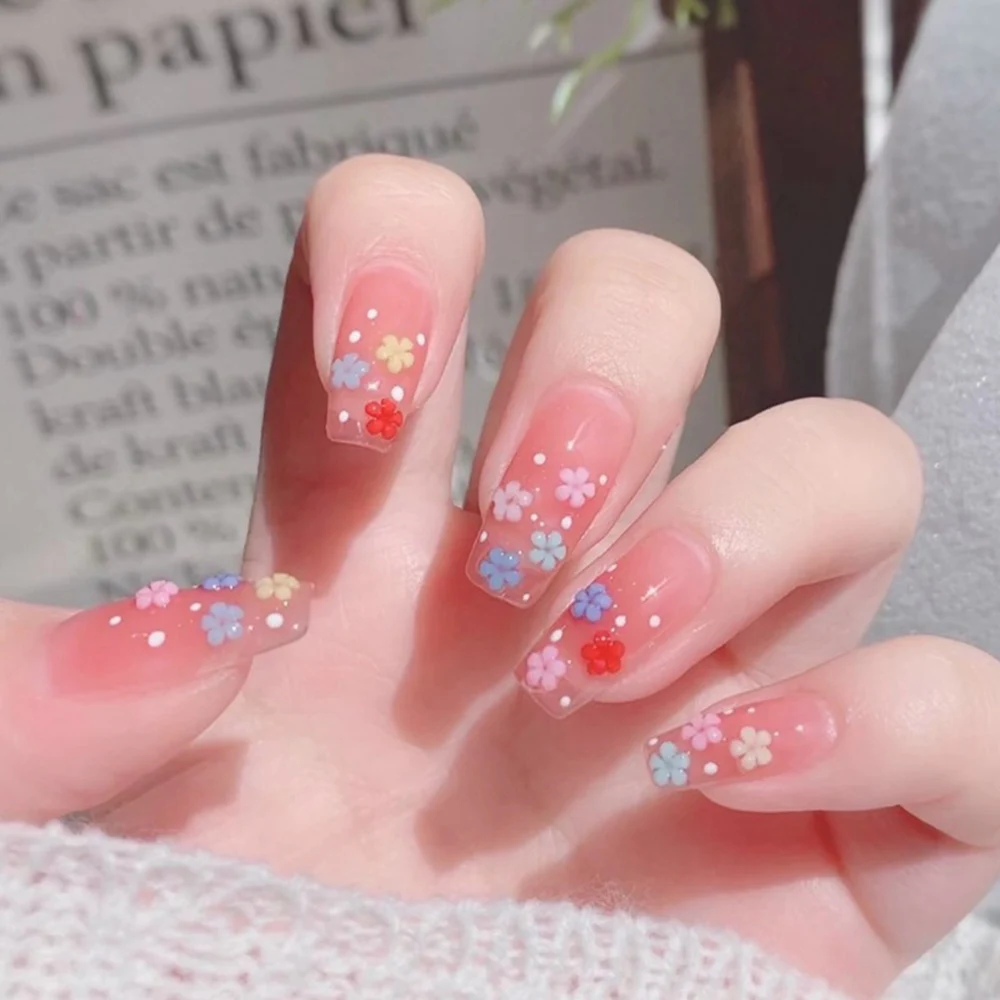 

Colorful Floral False Nail French Long Press On Nail Elegant Fingernail Sticker
