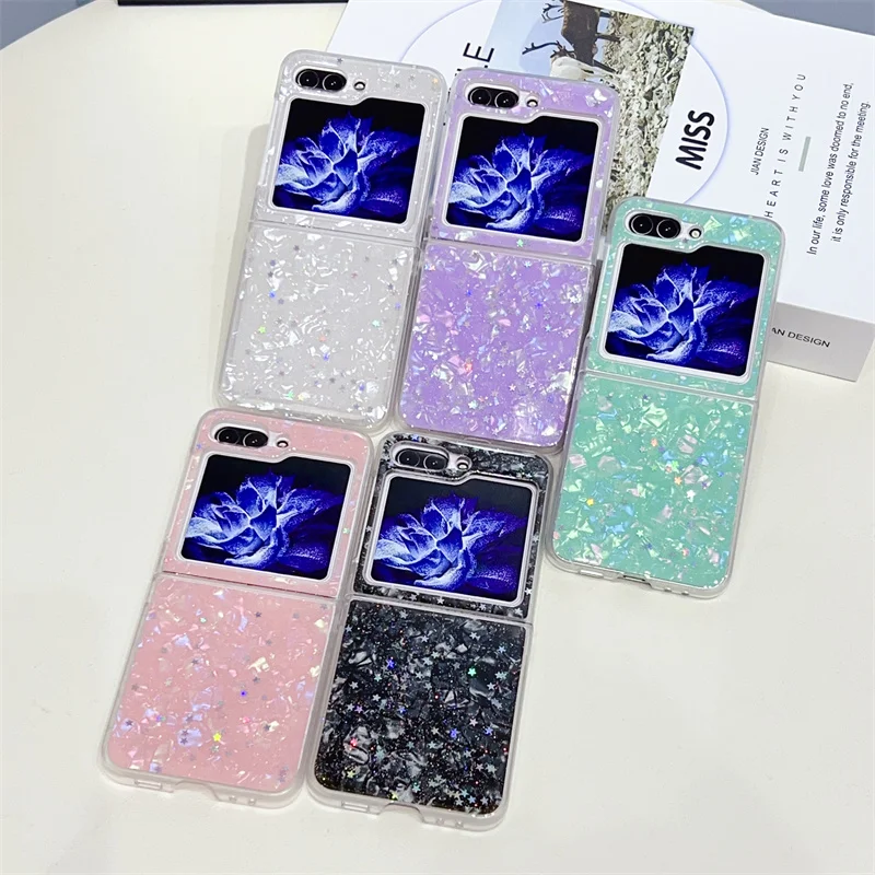 Fashion Epoxy Glitter Star Conch Shell Texture Custodia Per Telefono Per Samsung Galaxy Z Flip 5 4 3 Z Flip4 Flip5 Flip3 5G Cute Cover Capa