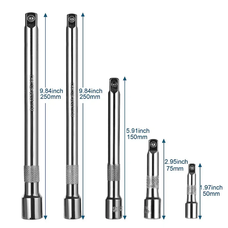 Socket Ratchet Wrench Extension Bar 1/4" 3/8" 1/2" 50/75/100/125/150/250mm Long Bar Steering Sleeve Connecting Rod Accessories