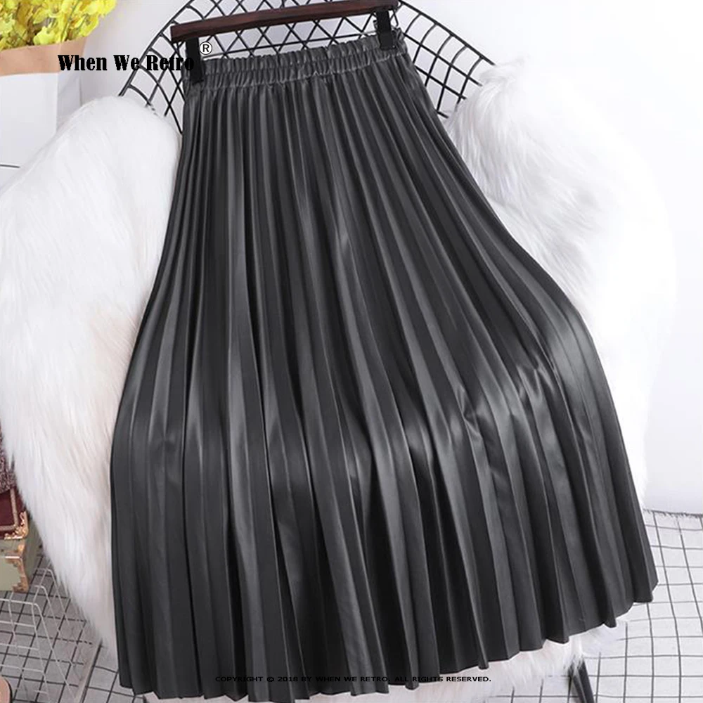 

2022 Chic Autumn Winter Pu Leather Skirt Solid Color Korean High Waist Elastic Casual Elegant Midi Long Skirts For Women RS001