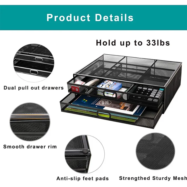 Screen Mesh Riser Wire Mesh Monitor Riser with Drawers - TidyPals.co.uk