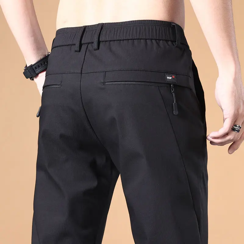 Summer Men Thin Business Casual Slim Straight Pants Streetwear Fashion Elastic Waist Breathable Big Size Zipper Pockets Trousers