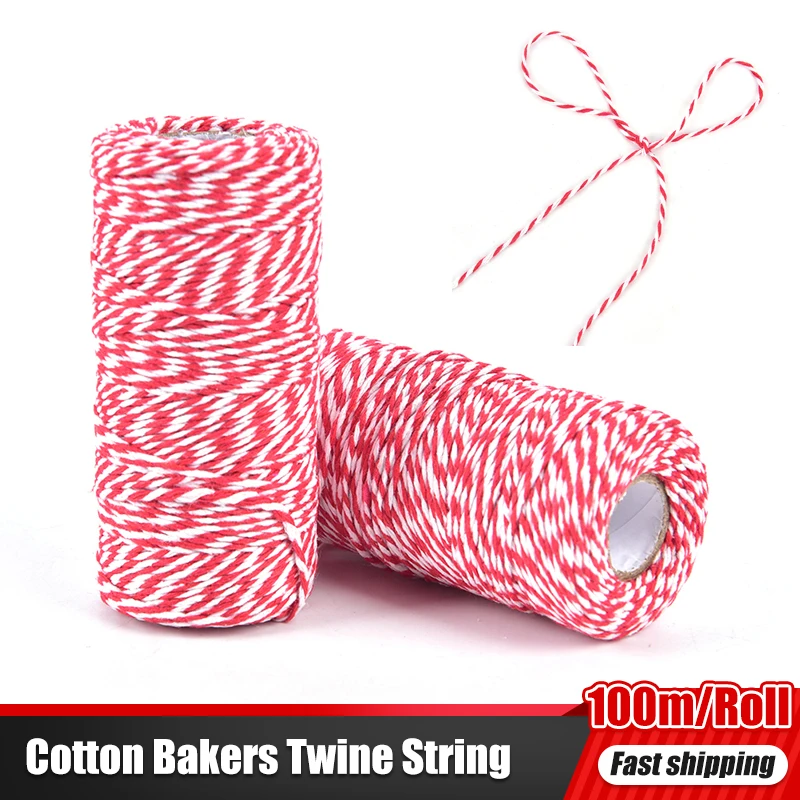 100m/Roll Cotton Bakers Twine String Cord Cotton Rope Cotton Cord Bottle  Gift Box Decor Craft (Red+White)