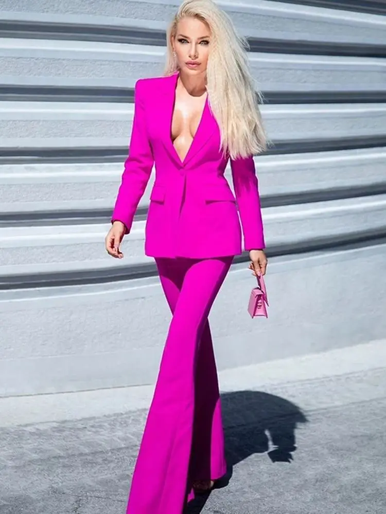 

High Quality Autumn Fashion OL Designer Two Piece Sets Single Button Blazer + Pants Women's Suit Elegant Office Female Party Set