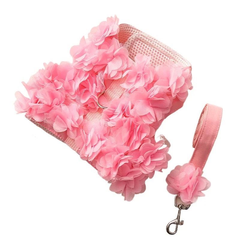 Cute Small Dog Harness and Leash Set Pink Lace Floral