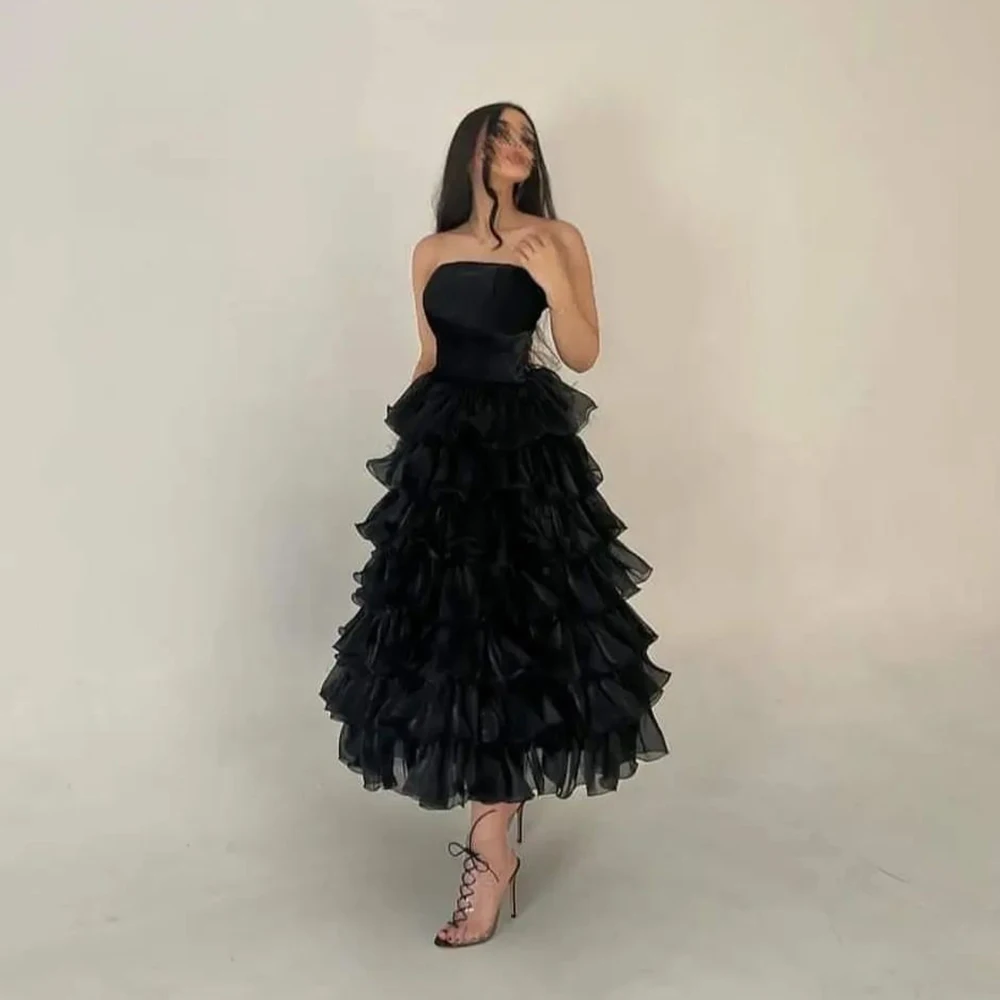 

Xijun Black Saudi Arabic Tiered Ruffles Tulle Evening Dresses Strapless Pleat Ruched A-Line Prom Dress Wedding Party Gown 2023