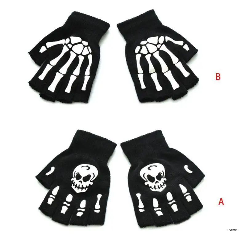 

1 P Halloween Stretch Knitted Fingerless Gloves Horror Skull Luminous Mittens
