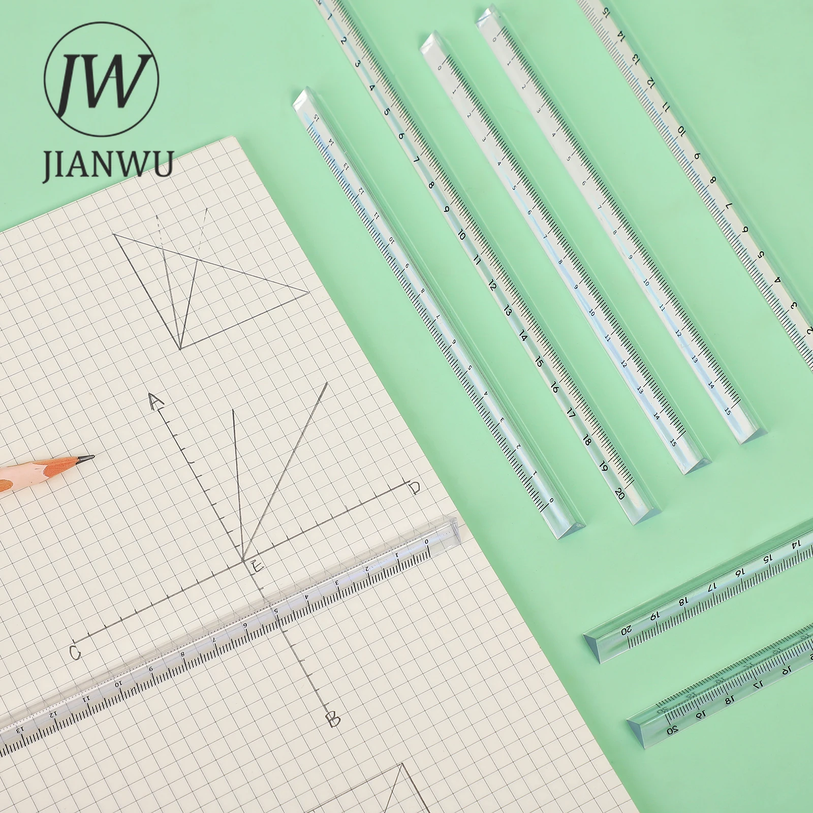 JIANWU 2 Pcs Creative Transparent Mitsubishi Ruler 15/20cm Triangular Straight Ruler Student Drafting Tools Stationery Supplies