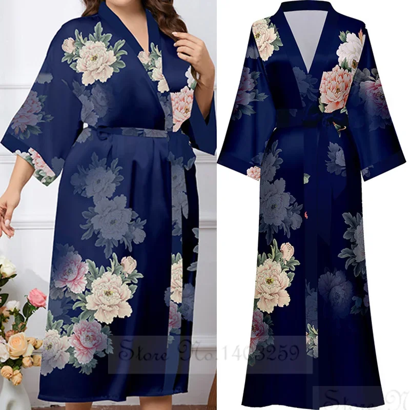 Japanese Style Printed Half Sleeved Kimono Bathrobe Gown Plus Size Women Long Robe Yukata Spring Autumn Satin HomeWear Sleepwear