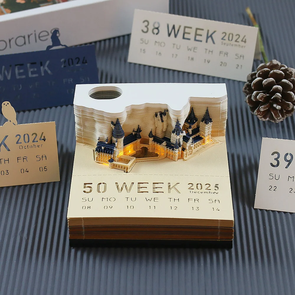 2025 3D Castle Paper Sculpture Desk Calendar Magic Castle Memo Pad Tear-Away Notepad DIY Craft Gifts for Home Office School