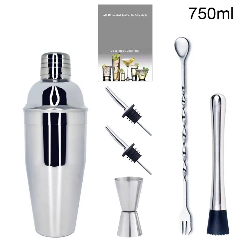 1-6Pcs 750ml 750/600ml Cocktail Shaker Set With Cocktail Recipe, Bartending Kit Bar Tools Accessories Pourer Muddler Jigger