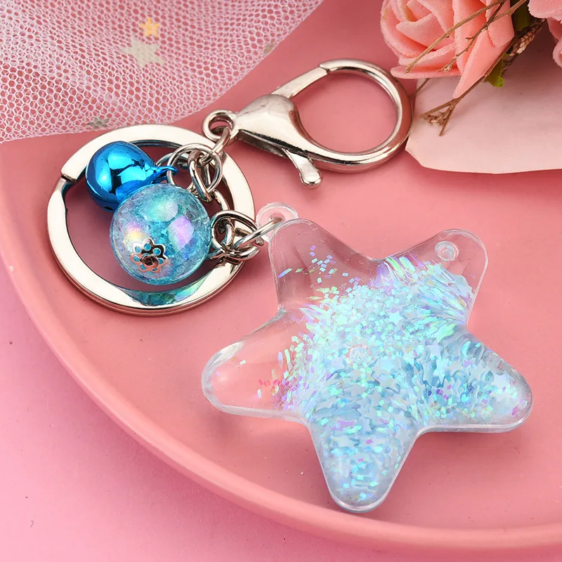 Kawaii Pink Blue Star Floating Glitter Keychain Cute Moving Liquid