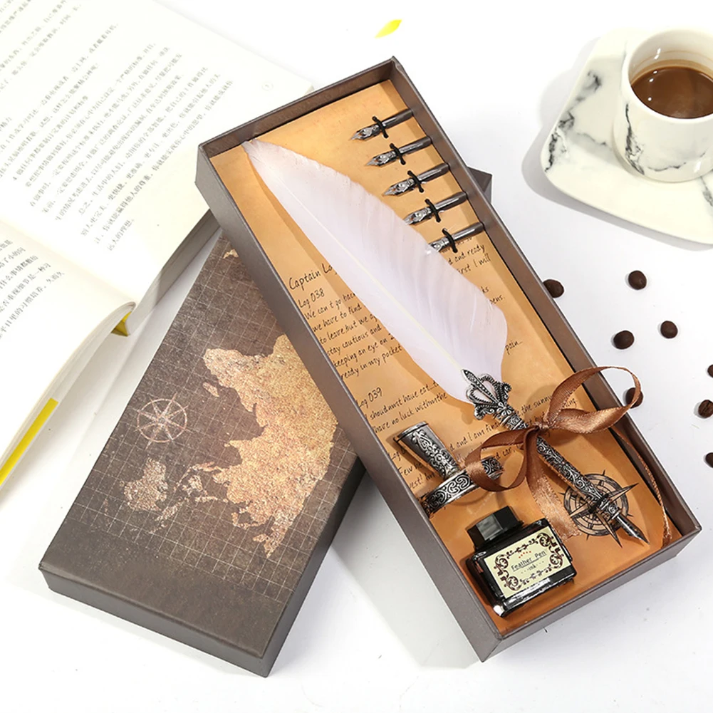 Vintage Calligraphy Feather Dip Pen Set with Ink - Creative Retro Writing Stationery