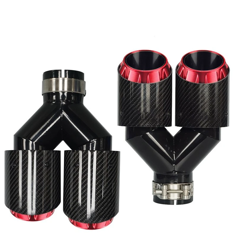 Red Carbon Straight Car Muffler Tip Y Shape Double Exit Universal